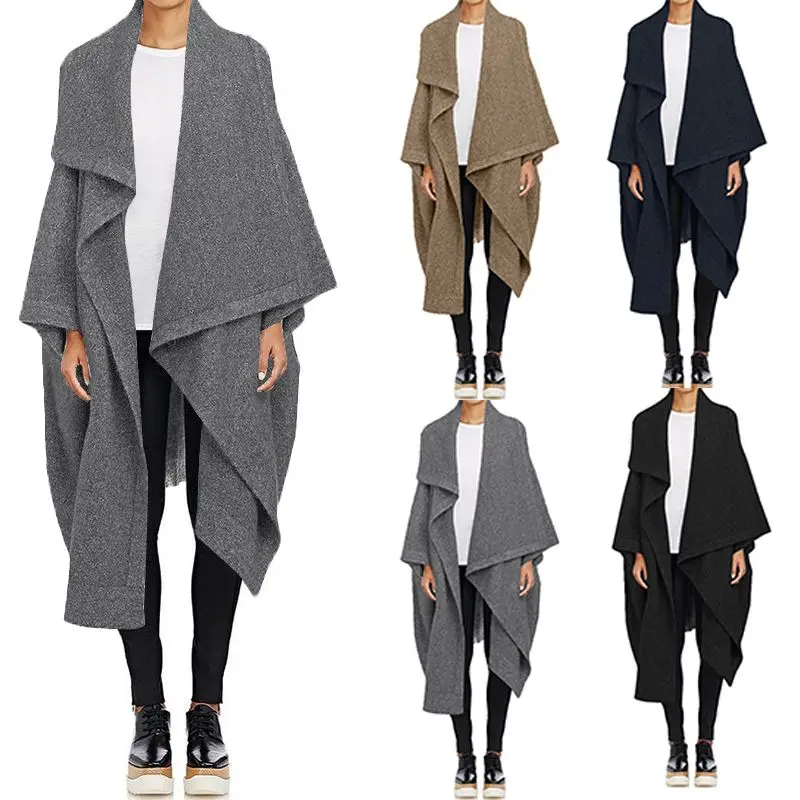 Женский открытый передний Тренч, пальто ZANZEA, зимние шерстяные Длинные куртки, Осеннее однотонное пальто с длинными рукавами, накидка, пончо, верхняя одежда, кардиганы