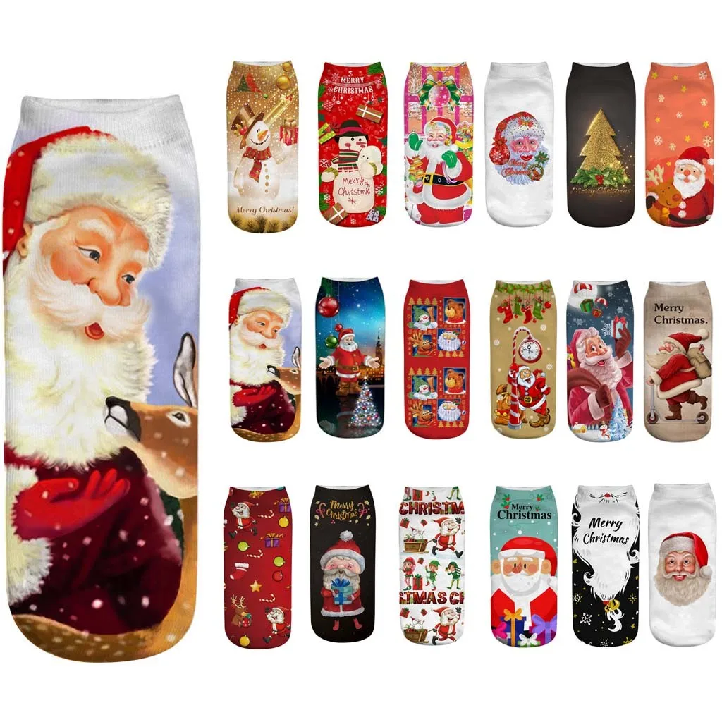 Зимние хлопковые прямые рождественские носки для мужчин и женщин, короткие носки с объемным принтом оленей, Санта Клауса, снежинки, чулочно-носочные изделия