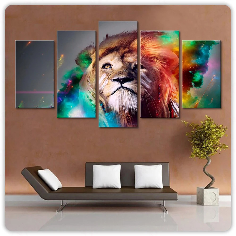 

5 Pieces Wall Art Canvas Painting Abstract Colorful Animal Lion Poster Modern Home Decoration Modular Living Room Framework
