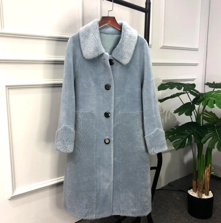 Smoky blue Женское зимнее пальто, высококачественное пальто из искусственного меха, оторочка из овечьей шерсти, куртка, Женское шерстяное пальто, повседневное длинное пальто большого размера - Цвет: Smoky blue