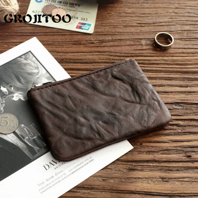 

GROJITOO Handmade Men's Short Wallet Genuine Leather Man Purse Vegetable Tanned Cowhide Wallet For Man Large Capacity Wallet
