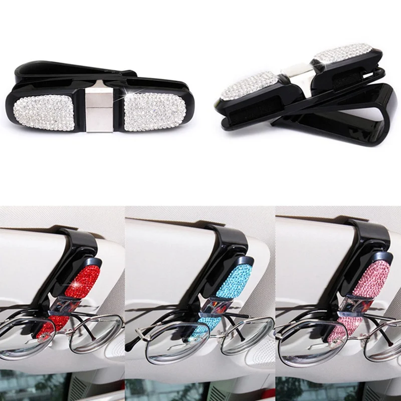 Auto Fastener Clip White Rhinestone Diamond Car Sun Visor Glasses Sunglasses Folder Ticket Receipt Card Clip Storage Holder Clip