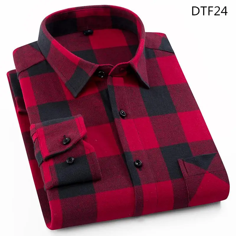 DTF24 Plaid Shirt New Autumn Winter Flannel Red Checkered Shirt Men Shirts Long Sleeve Chemise Homme Cotton Male Check Shirts - Color: DTF24