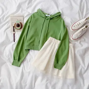 

Set female autumn 2019 new Korean students loose avocado long-sleeved sweater mesh skirt two-piece suit