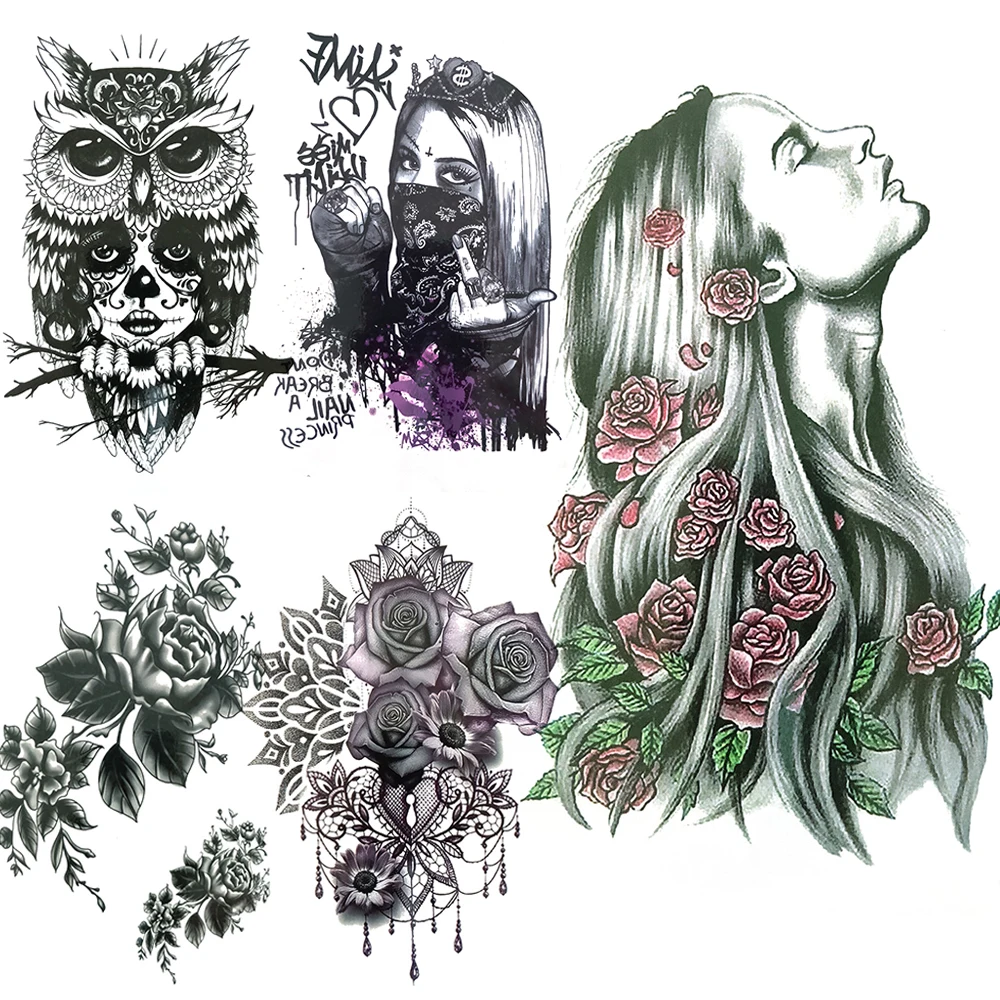 Large Harajuku Fake Temporary Tattoo For Female Men Owl Gangster Tattoo  Rose Jasmine Flowers Waterproof Tatoo Masked Women Hands - Temporary Tattoos  - AliExpress