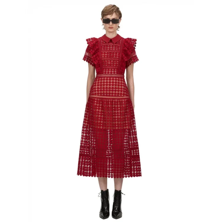 Весеннее Новое дизайнерское платье с автопортретом, женское красное платье миди с отложным воротником, кружевное праздничное платье, элегантное и винтажное платье