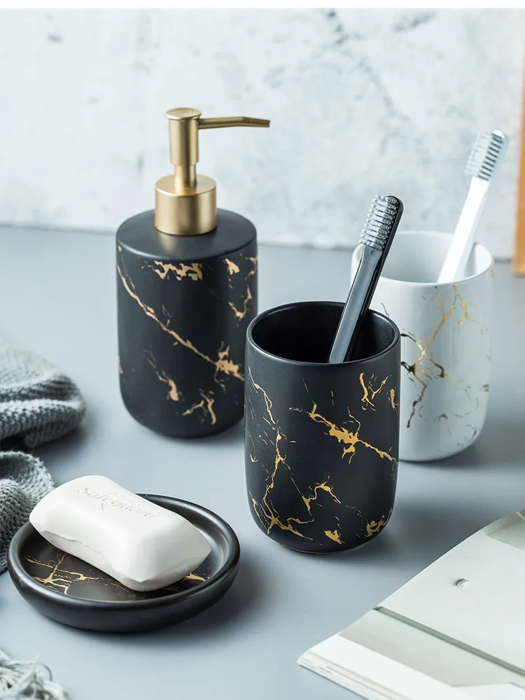 Nordic marble pattern ceramic bathroom accessories set porcelain lotion toothbrush cup soap dish holder set bathroom supplies
