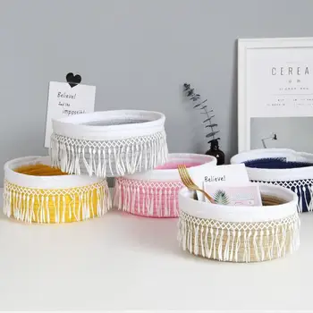 

New Medium tassel Desk Storage Box Cotton thread weaving Thicken Storage Basket Cosmetic Case Kids Toys Organizer Bucket AU1228
