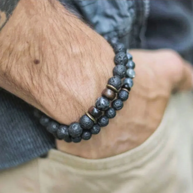 

2019 Fashion New Creative Multicolor 8mm Volcanic Stone Wooden Beads Natural Stone Bracelet Energy Men And Women Jewelry
