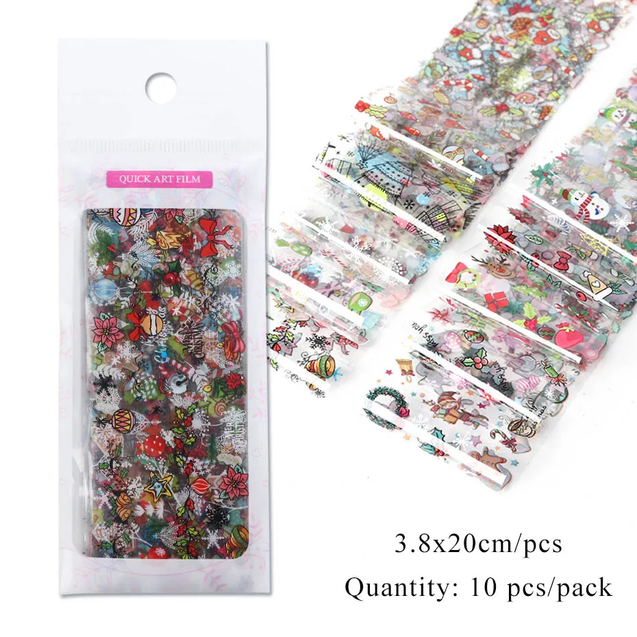 Pack 10 шт., Рождественская наклейка Санта на ногти, прозрачный, сделай сам, для нейл-арта, переводная фольга, снеговик, лось, клейкие наконечники, Гель-лак, аксессуары BE1036 - Цвет: Pack