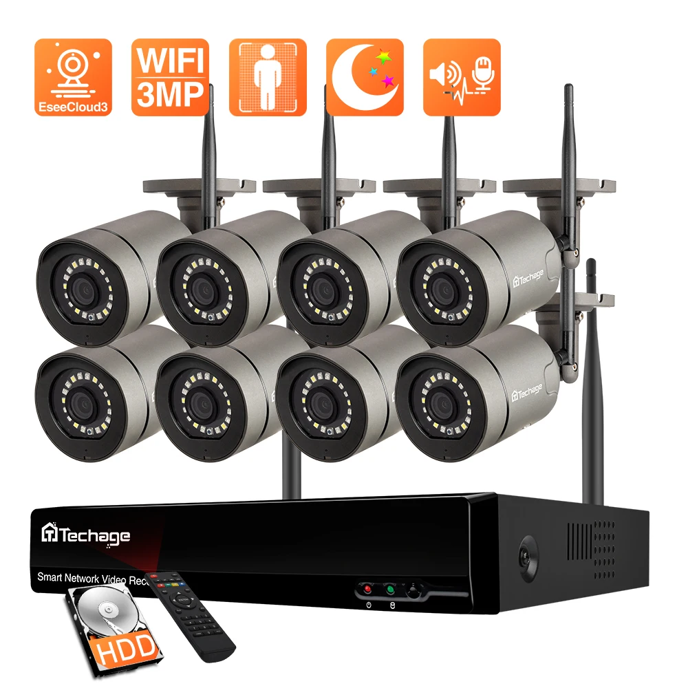 Комплект беспроводных IP камер видеонаблюдения Techage 8 каналов 3 Мп HD Wi Fi уличная ИИ