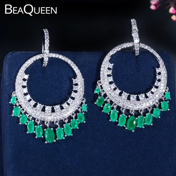 

BeaQueen Ladies Circle Loop Earring Green Cubic Zircon Stone Hanging Drop Big Round Hoop Earrings Jewelry for Wedding E150