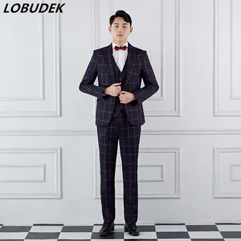 

Men Wedding Suit 3 Piece Set Formal Plaid Suits Prom Evening Party Singer Host Stage Tuxedo Costume Gentleman Studio Photons