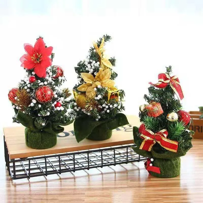 

Desktop Mini Colorful Christmas Tree Ornaments with Flowers and Bell Small Christmas Tree Decoration Set