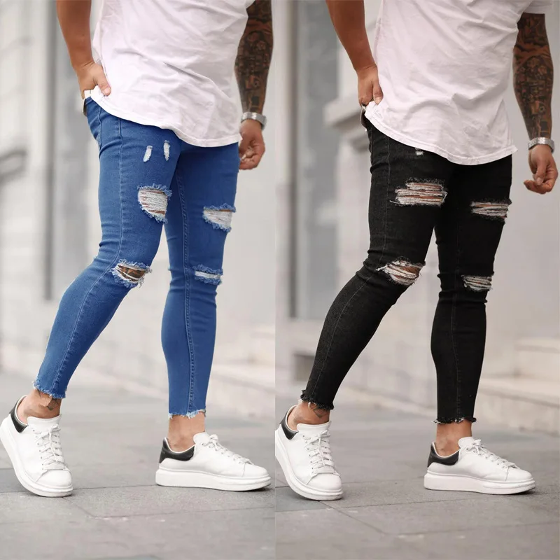 

1D European and American men's tattered elastic skinny jeans wholesale jeans clothing legging good quality jeans wholesale