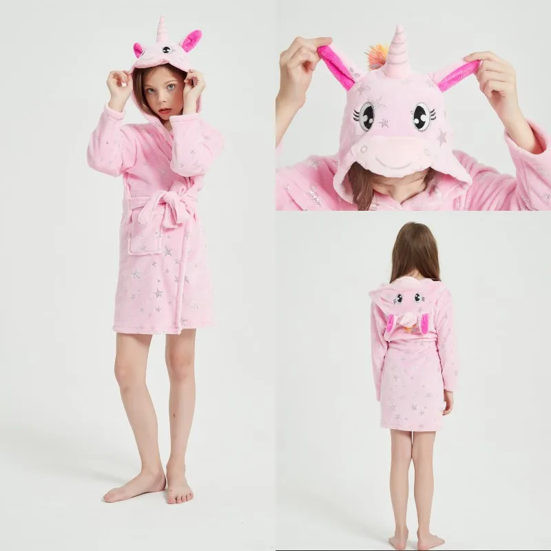 Winter Animal Bathrobe For Boys Girls Unicorn Hooded Robes Towel Beach Kids Sleepwear Children's Clothes Kids Pyjamas Nightgown
