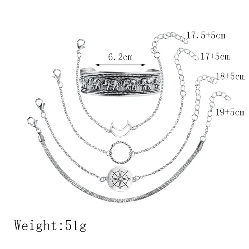 Sindlan 5 шт. серебристый компас полый Луна шарм браслеты для женщин винтажный Большой браслет со слоном Открытый браслет набор наручных ювелирных изделий