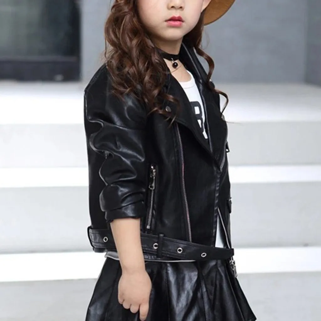 

Children Pu Leather Jacket Girl Boy Motorcycle Jacket Kid Outwear Solid Color Zipper Coat Long Sleeve Coat Turn-down Collar Coat