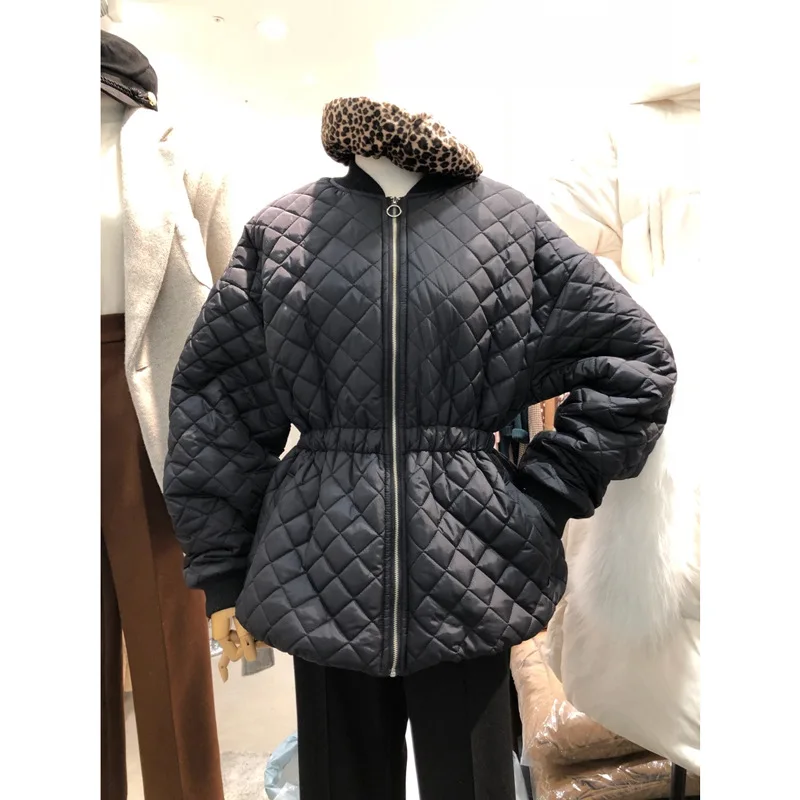 

2018 Winter Coat New Style Medium-length Rhombus Plaid Waist Hugging Cotton Coat Women's Short Slim Fit Short-height down Feathe