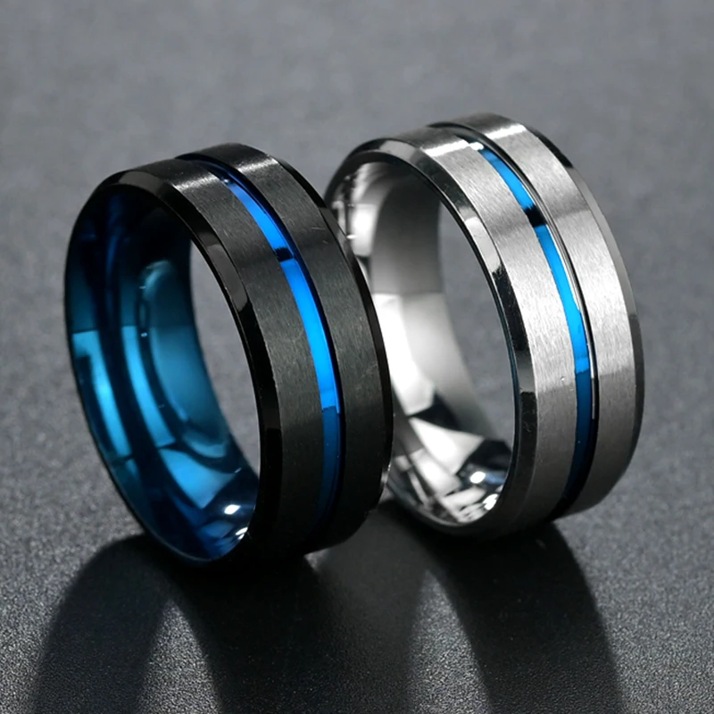 Men's Fashion 8MM Black Brushed Ladder Edge Stainless Steel Ring Blue Groove Men Wedding Ring Gifts For Men - Image 2