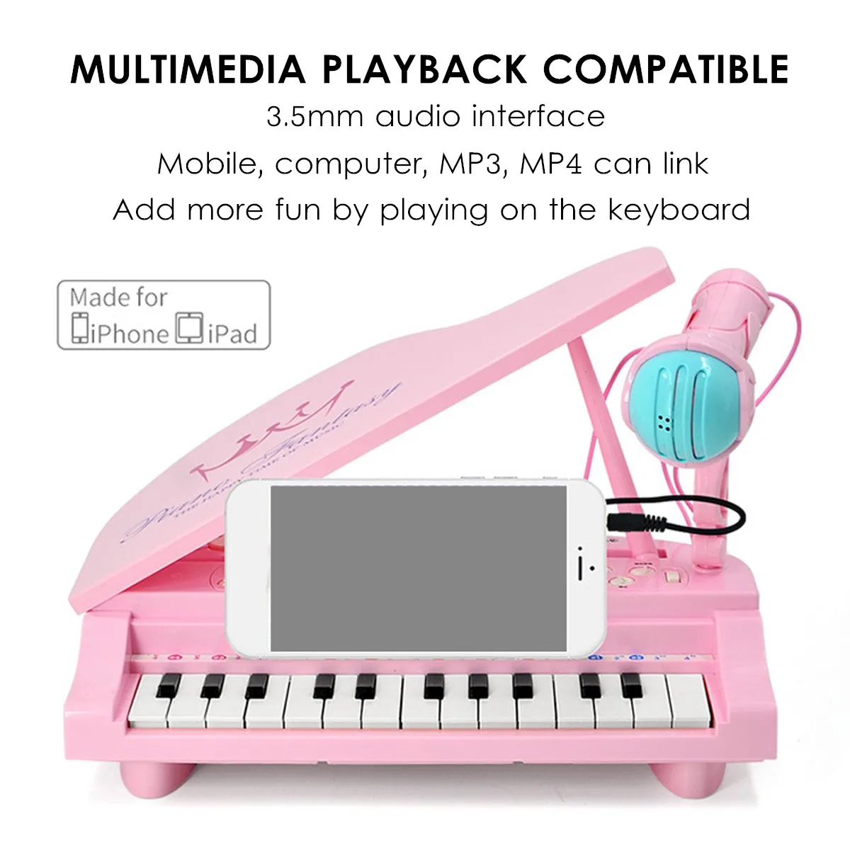 

Hot Pink/Blue 25Keys Keyboard Toy Electronic Organ USB Kids Piano Microphone Musical Instrument Playing Toy Gifts Set Children