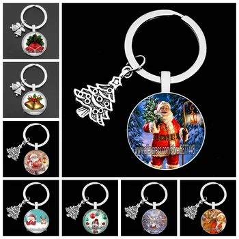 

Fashion Merry Christmas Pendent Glass Keychain Santa Claus Key Ring Christmas Bell Key Holder Gift for New Year
