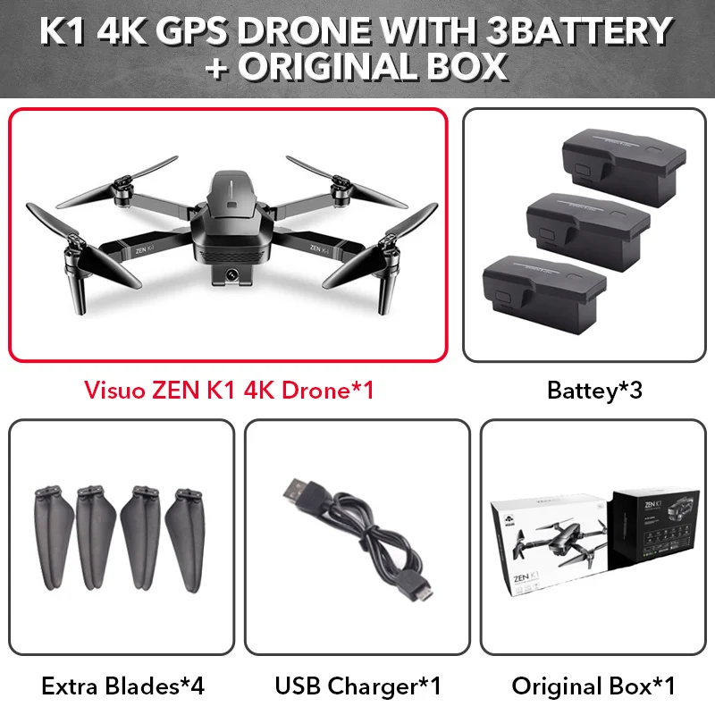 3 batteries VISUO ZEN K1 5G wifi FPV gps 4K 720P HD Двойная камера 90 градусов широкоугольный складной Радиоуправляемый Дрон Квадрокоптер VS XS809HW SG106 H37 M69 - Цвет: 3 batteries