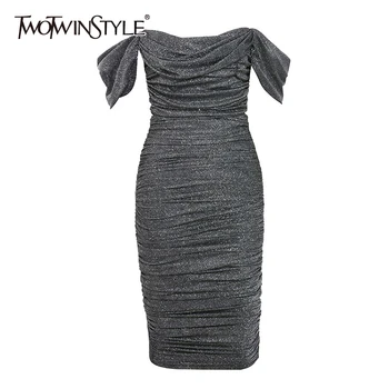 

TWOTWINSTYLE Elegant Sexy Dresses Female Slash Neck Sleeveless Off Shoulder High Waist Slim Party Midi Dress Women 2020 Fashion