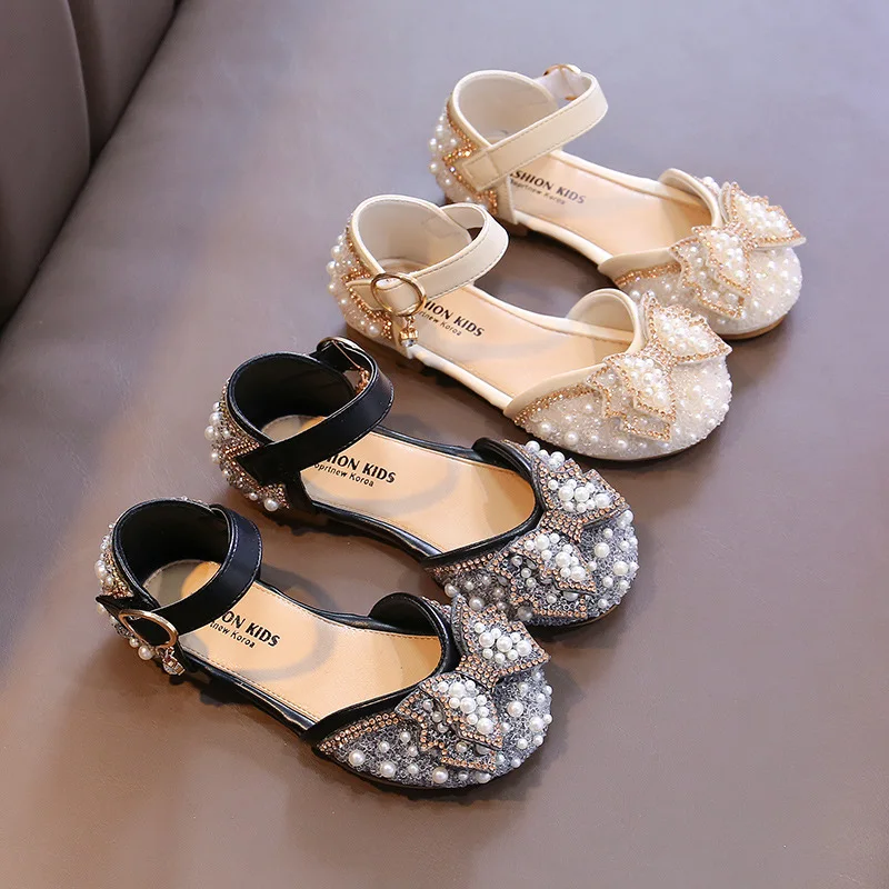 Children Sandals Girls Princess Sandals Summer Baby Pearl Rhinestones Bow Single Shoes Non-slip Flat Children's Shoe