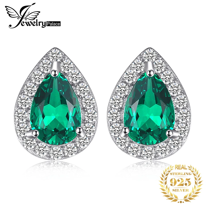 

JewelryPalace 0.85ct Created Emerald Stud Earrings Charm 925 Sterling Silver Fine Jewelry Fashion Water Drop Earrings For Women