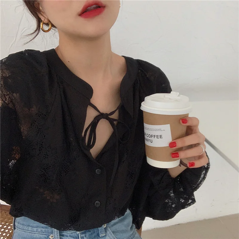 2021 Spring Women Shirts Fashion Carved Lantern Long Sleeve Autumn Black Lace Shirt Tops Loose Blouse Cardigan Clothes 10202 5