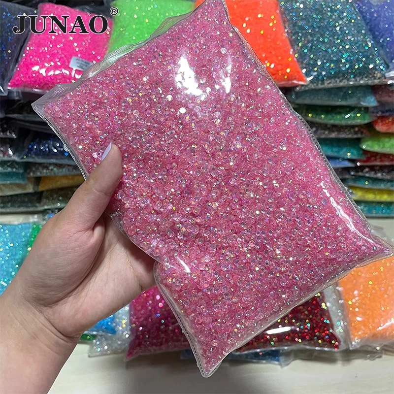 JUNAO 2mm 3mm 4mm 5mm 6mm Transparent Pink AB Rhinestones Jelly Crystals In Bulk Flatback Nail Stones Non Hotfix Strass for Cups dress stitching materials