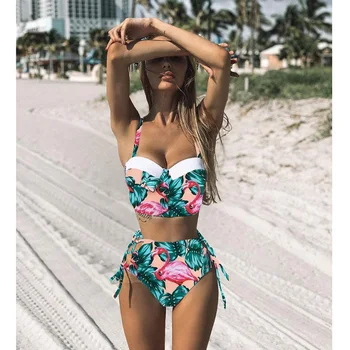 

Swimwear 2020 New Leaf Print Bikinis Women Swimsuit Vintage Retro Bathing Suit Halter Biquini Maillot De Bain Femme