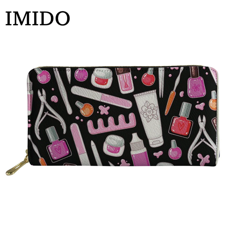 IMIDO/модные сумочки с героями мультфильмов, дизайн ногтей, Женская длинная застежка-молния, кошелек из искусственной кожи, Дамский карман для телефона, большой кошелек