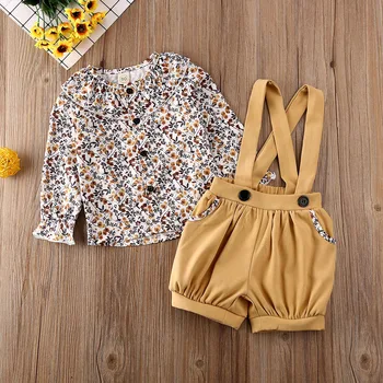 

2Pcs Toddler Baby Girl Clothes Floral Tops Long Sleeve Blouse Solid Bib Pants Overalls Outfits Clothes Set