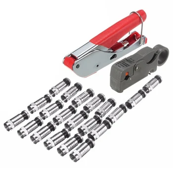 

22Pcs Universal Compression Tools Kit Stripper F Bnc Rg6 Connector Cable Coax Crimper With Red Flexible Glue