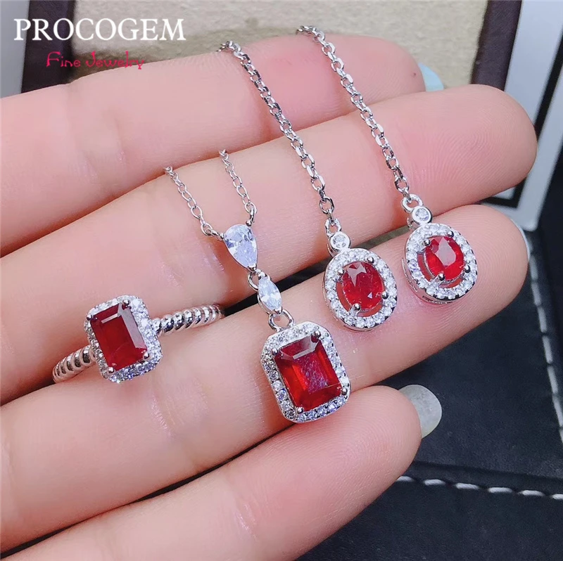 PROCOGEM натуральный с подогревом рубиновый ювелирный набор для женщин вечерние кольцо ожерелье серьги подлинный красный драгоценный камень 925 пробы серебро#752