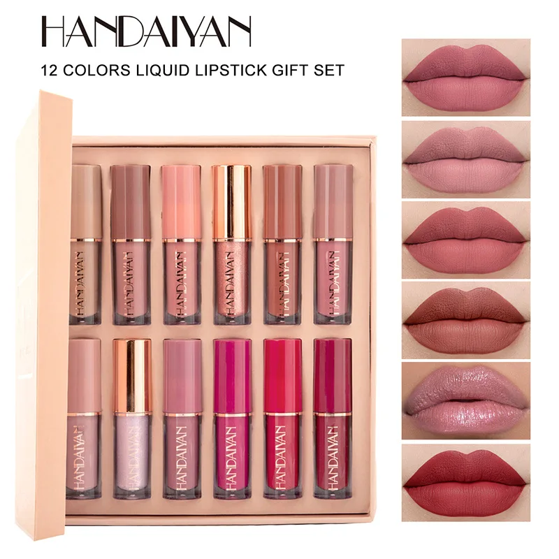 Набор матовых блесков для губ 12 цветов жидкая жемчужная палочка антипригарная