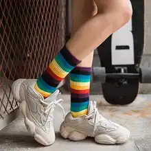 Забавные милые носки с радужным узором, Хлопковые женские носки, в полоску, теплые, кавайные, счастливые, японские, дышащие, пот, уличная одежда, повседневные, Calcetines