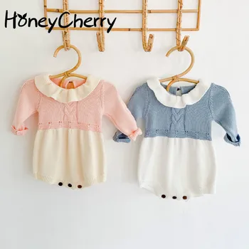 

2020 Autumn Baby Girl Long Sleeve Knitted Bodysuit Doll Collar One-Piece Suit Triangle Baby Bodysuit Crawling Clothes