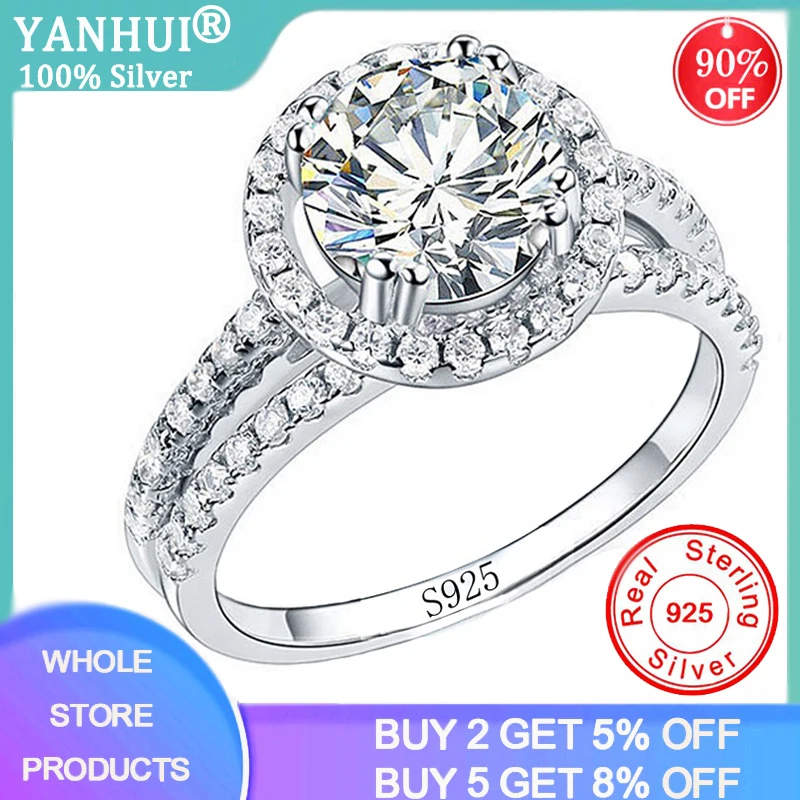 

YANHUI Elegant Female Bride Round Band Wedding Ring Luxury 925 Sterling Silver CZ Zircon Ring Promise Engagement Rings For Women