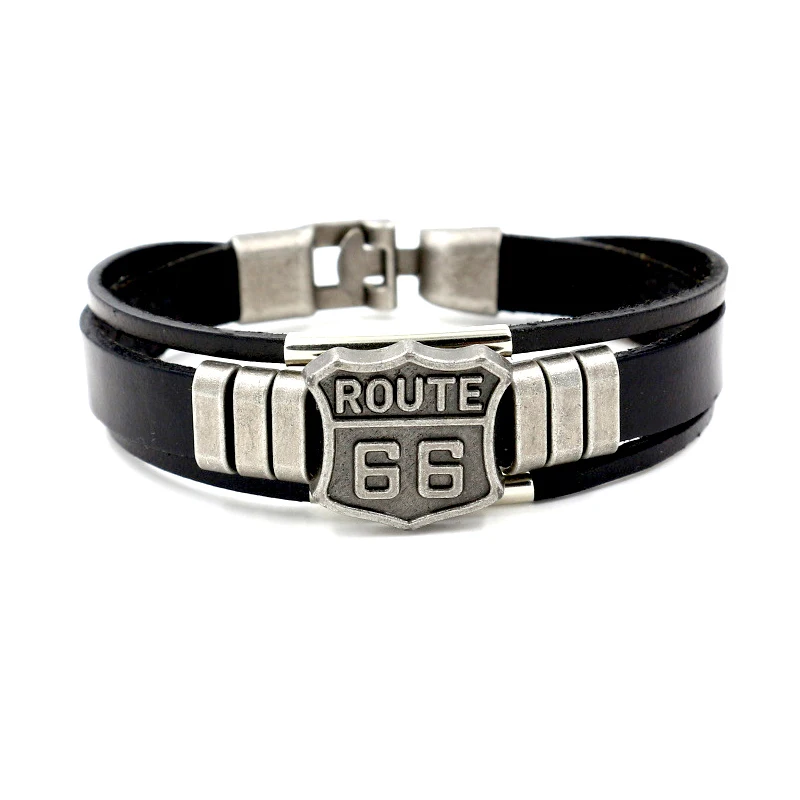 Route 66 Retro Leather Men's Wrist Bracelet Black Cuffs Pulse Wristband Men Accessories Festival Gift leather bracelet leather bangle