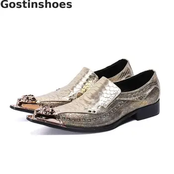

Genuine Leather Men Shoes Slip-on Snake Skin Printed Metal Capped Toe Casual Leather Shoes Fashion Men Loafers Rivets Decoration