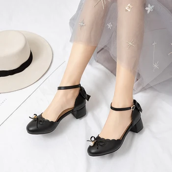 

Shoes Lolita Round Head Bow Sweet Student Thick with Hollow Toe Cap Sandals Spring Summer Loli High Heels Buckle