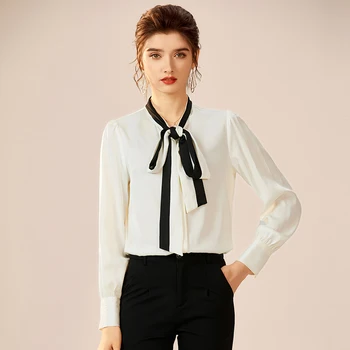 

Spring Autumn Natural Silk Office Lady Work Shirt Elegant Bow Blouses Long Sleeve Solid Tops Loose Real Silk Satin Women Blouse