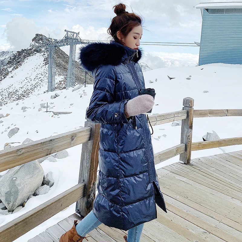Пуховик из натурального меха норки, зимнее пальто для женщин, выше колена, шапка Harajuku, Корейская гладкая ткань, длинная парка для снежной погоды