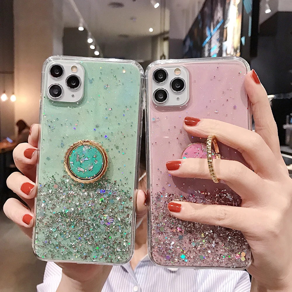 For iPhone 13 Pro Max 12 11 XS XR 8 7 Glitter Bling Heart Love Ring Square  Case