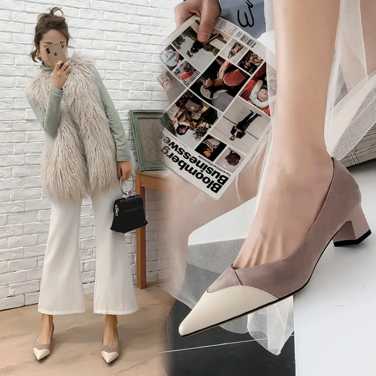 

Spring WOMEN'S Nude Shoes inside And Pure Leather Mixed Colors Pointed-Toe Low-top Shoes Chunky-Heel Semi-high Heeled Korean-sty