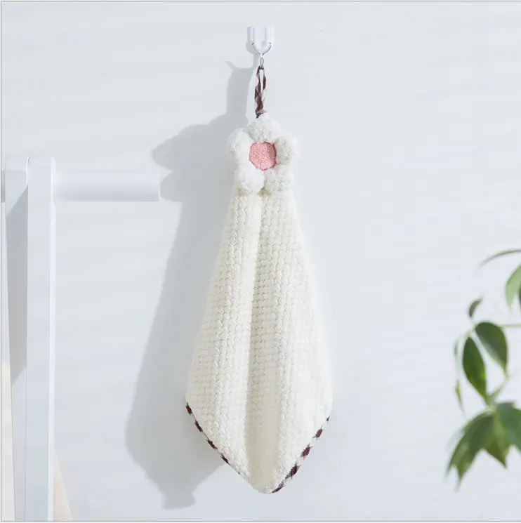 White Протрите руки солнце цветок мультфильм подвесное полотенце кухня уплотненный коралловый бархат сильное впитывающее полотенце для рук - Цвет: White