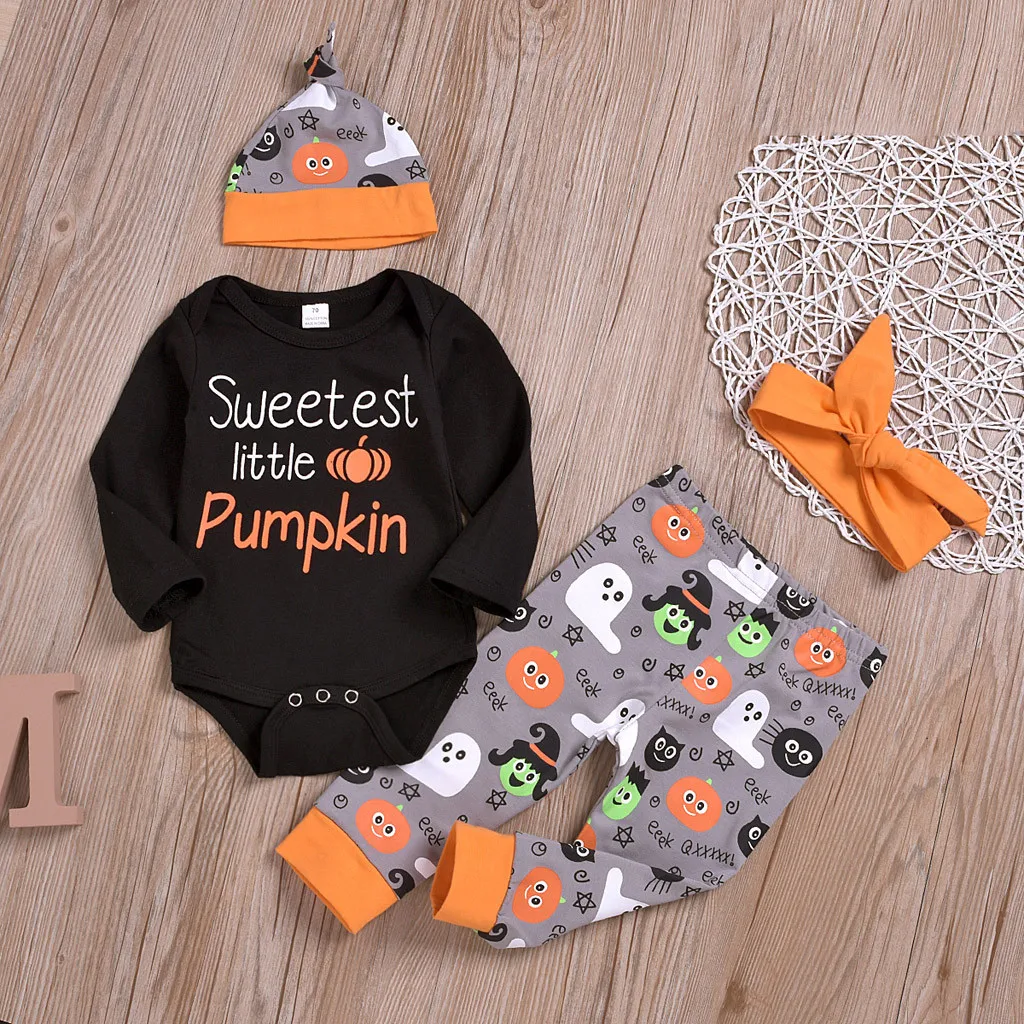 

2019 Newborn Kids Baby Boy Girl Clothes 3pcs Set Pumpkin Letter Romper Pants Halloween Costume Infant Baby Boy Girl Outfit